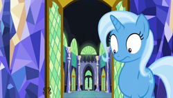 Size: 3840x2160 | Tagged: safe, screencap, character:spike, character:trixie, species:dragon, species:pony, species:unicorn, episode:all bottled up, g4, my little pony: friendship is magic, castle, confused, cute, diatrixes, faec, female, looking down, male, mare, open door, solo focus, twilight's castle, when you see it