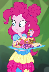 Size: 439x642 | Tagged: safe, screencap, character:pinkie pie, episode:wake up!, g4, my little pony:equestria girls, bread, croissant, cropped, cupcake, donut, eating, female, food, frosting, junk food, pastries, pastry, solo, wake up!: pinkie pie
