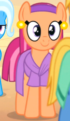 Size: 236x407 | Tagged: safe, screencap, character:aroma hathor, character:mosiah, character:trixie, species:earth pony, species:pony, species:unicorn, episode:on the road to friendship, clothing, cropped, cute, dress, ear clip, ear clips, female, headband, male, mare, smiling, solo focus, somnambula resident, stallion, when she smiles