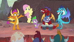 Size: 1280x720 | Tagged: safe, screencap, character:fluttershy, character:garble, character:princess ember, character:smolder, character:spike, species:dragon, species:pegasus, species:pony, episode:sweet and smoky, g4, my little pony: friendship is magic, baby rubble, baby sparks, beatnik, bongos, dragoness, female, male, mare, teenaged dragon, winged spike