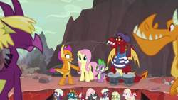 Size: 1920x1080 | Tagged: safe, screencap, character:fluttershy, character:garble, character:smolder, character:spike, species:dragon, species:pegasus, species:pony, episode:sweet and smoky, g4, my little pony: friendship is magic, baby, baby dragon, baby pinpoint, baby rubble, baby sparks, baby stomp, beatnik, beret, billy (dragon), bongos, clothing, dragon egg, dragon lands, dragoness, egg, eggshell, female, fume, hat, male, mare, shirt, spear (dragon), striped shirt, winged spike