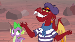 Size: 1280x720 | Tagged: safe, screencap, character:garble, character:spike, species:dragon, episode:sweet and smoky, g4, my little pony: friendship is magic, beatnik, beret, clothing, duo, hat, male, shirt, spread arms, striped shirt, winged spike