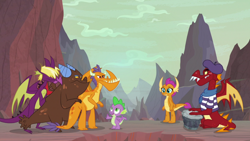 Size: 1920x1080 | Tagged: safe, screencap, character:garble, character:smolder, character:spike, species:dragon, episode:sweet and smoky, g4, my little pony: friendship is magic, beret, billy (dragon), bongos, clothing, clump, dragon lands, dragoness, female, fume, hat, male, shirt, spear (dragon), striped shirt, teenaged dragon, winged spike