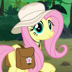 Size: 1000x1000 | Tagged: safe, screencap, character:fluttershy, species:pegasus, species:pony, episode:daring doubt, g4, my little pony: friendship is magic, butt, clothing, cropped, cute, female, hat, jungle, looking at you, mare, plot, saddle bag, shyabetes, smiling, solo