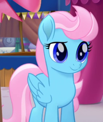 Size: 280x332 | Tagged: safe, screencap, species:pegasus, species:pony, my little pony: the movie (2017), background pony, cropped, cute, female, folded wings, mare, raised eyebrow, smiling, solo, wind whistler (g4), wings