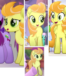 Size: 345x395 | Tagged: safe, screencap, character:cantaloupe, species:earth pony, species:pony, my little pony: the movie (2017), animation error, background pony, collage, cropped, female, heart, hoof heart, mare, raised hoof, solo focus, underhoof, unnamed pony