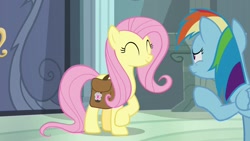 Size: 1920x1080 | Tagged: safe, screencap, character:fluttershy, character:rainbow dash, species:pegasus, species:pony, episode:daring doubt, g4, my little pony: friendship is magic, cute, duo, eyes closed, female, mare, pointing, rainbow dash's house, saddle bag, shyabetes, smiling