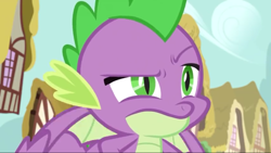Size: 1280x720 | Tagged: safe, screencap, character:spike, species:dragon, episode:the big mac question, g4, my little pony: friendship is magic, male, ponytail, raised eyebrow, sky, spike is not amused, unamused, winged spike