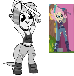 Size: 1914x1953 | Tagged: safe, artist:wenni, screencap, character:fluttershy, species:pony, episode:the road less scheduled, g4, my little pony:equestria girls, alternate hairstyle, armpits, belly button, bipedal, choker, clothing, cropped, crystal skull staff, eyeshadow, flutterpunk, grayscale, hoof hold, hoof polish, lipstick, makeup, midriff, monochrome, ponified, ripped pants, scene interpretation, screencap reference, semi-anthro, solo, spiked choker, staff, tank top, the road less scheduled: fluttershy