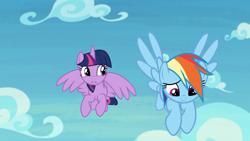 Size: 1920x1080 | Tagged: safe, screencap, character:rainbow dash, character:twilight sparkle, character:twilight sparkle (alicorn), species:alicorn, species:pegasus, species:pony, episode:the washouts, g4, my little pony: friendship is magic, cloud, cute, dashabetes, dawwww, female, flying, hnnng, mare, raised hoof, sad, sadorable, sky, woobie