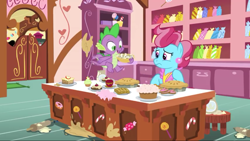 Size: 1280x720 | Tagged: safe, screencap, character:cup cake, character:spike, species:dragon, species:earth pony, species:pony, episode:the big mac question, g4, my little pony: friendship is magic, apple, claws, cupcake, female, flying, food, kitchen, male, mare, messy kitchen, pie, toes, winged spike