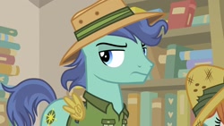 Size: 1920x1080 | Tagged: safe, screencap, character:compass course, character:peach fuzz, species:earth pony, species:pony, episode:daring doubt, g4, my little pony: friendship is magic, book, bookshelf, clothing, cosplay, costume, female, filly, male, solo focus, stallion