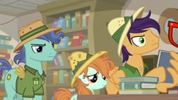 Size: 1920x1080 | Tagged: safe, screencap, character:a.k. yearling, character:compass course, character:endeavour, character:peach fuzz, species:pony, episode:daring doubt, g4, my little pony: friendship is magic, book, bookshelf, clothing, cosplay, costume, female, filly, hat, pith helmet