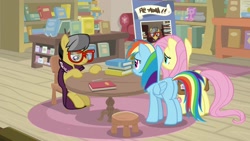 Size: 1920x1080 | Tagged: safe, screencap, character:a.k. yearling, character:fluttershy, character:rainbow dash, species:pony, episode:daring doubt, g4, my little pony: friendship is magic, book, bookshelf, saddle bag