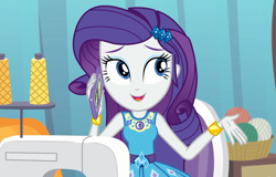 Size: 1685x1080 | Tagged: safe, screencap, character:rarity, equestria girls:rollercoaster of friendship, g4, my little pony:equestria girls, beautiful, bracelet, cellphone, cropped, cute, female, geode of shielding, jewelry, magical geodes, phone, raribetes, sewing, sewing machine, smartphone, smiling, solo, talking, yarn, yarn ball