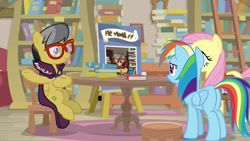 Size: 1920x1080 | Tagged: safe, screencap, character:a.k. yearling, character:fluttershy, character:rainbow dash, species:pony, episode:daring doubt, g4, my little pony: friendship is magic, book, bookshelf, ladder, written equestrian