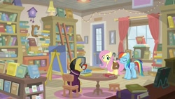 Size: 1920x1080 | Tagged: safe, screencap, character:a.k. yearling, character:fluttershy, character:rainbow dash, species:pony, episode:daring doubt, g4, my little pony: friendship is magic, book, bookshelf, ladder, saddle bag