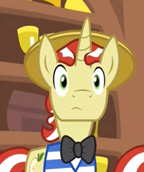 Size: 606x720 | Tagged: safe, screencap, character:flam, character:flim, species:pony, species:unicorn, episode:friendship university, g4, my little pony: friendship is magic, bow tie, clothing, cropped, cute, flim flam brothers, flimabetes, hat, male, solo focus, stallion, straw hat, surprised