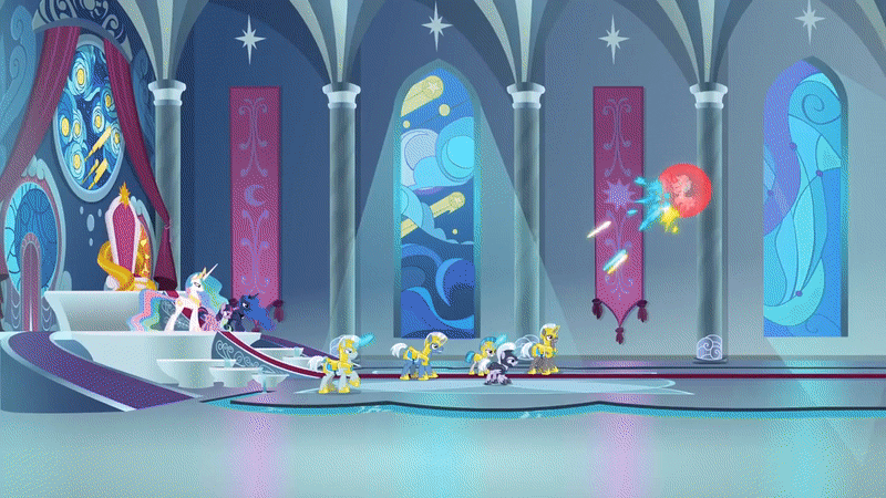 Size: 800x450 | Tagged: safe, screencap, character:cozy glow, character:princess celestia, character:princess luna, character:silver sable, character:twilight sparkle, character:twilight sparkle (alicorn), species:alicorn, species:pony, species:unicorn, episode:the ending of the end, g4, my little pony: friendship is magic, absurd file size, absurd gif size, alicornified, animated, blast, canterlot, charge, cozycorn, falling, female, flying, force field, gif, guardsmare, humiliation, magic, magic blast, male, mare, moat, night guard, night guard armor, portal, pure concentrated unfiltered evil of the utmost potency, pure unfiltered evil, race swap, royal guard, shield, shooting, smug, stallion, water