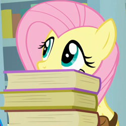Size: 600x600 | Tagged: safe, screencap, character:fluttershy, species:pegasus, species:pony, episode:daring doubt, g4, my little pony: friendship is magic, book, cropped, cute, female, hiding, mare, saddle bag, shyabetes, solo