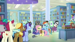 Size: 1920x1080 | Tagged: safe, screencap, character:doctor caballeron, character:fluttershy, character:neigh sayer, character:november rain, character:pinot noir, character:rainbow dash, character:sugar maple, species:pony, episode:daring doubt, g4, my little pony: friendship is magic, book, bookshelf, friendship student, groom q.q. martingale