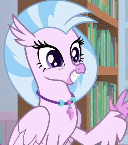 Size: 424x480 | Tagged: safe, screencap, character:silverstream, species:classical hippogriff, species:hippogriff, episode:a horse shoe-in, g4, my little pony: friendship is magic, animated, book, bookshelf, cropped, cute, diastreamies, female, gif, happy, hello, jewelry, looking at you, loop, necklace, quadrupedal, smile and wave, smiling, solo, teenager, waving