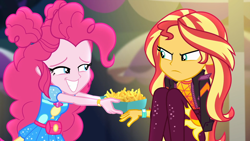 Size: 1920x1080 | Tagged: safe, screencap, character:pinkie pie, character:sunset shimmer, equestria girls:sunset's backstage pass, g4, my little pony:equestria girls, clothing, duo, duo female, female, food, french fries, geode of sugar bombs, jacket, magical geodes, smiling, sunset shimmer is not amused, unamused