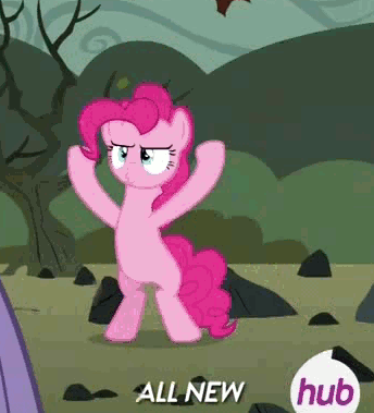 Size: 344x379 | Tagged: safe, screencap, character:pinkie pie, species:earth pony, species:pony, episode:maud pie, g4, my little pony: friendship is magic, all new, animated, bipedal, confetti, cropped, female, girly, hub logo, majestic, mare, pinkie being pinkie, text, twirling