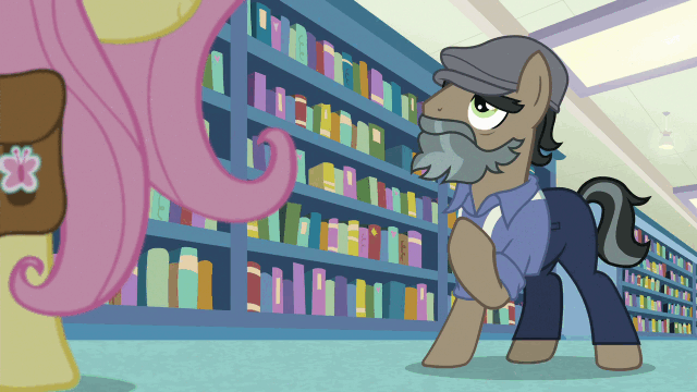 Size: 640x360 | Tagged: safe, screencap, character:a.k. yearling, character:daring do, character:doctor caballeron, character:fluttershy, species:earth pony, species:pegasus, species:pony, episode:daring doubt, g4, my little pony: friendship is magic, animated, book, bookshelf, disguise, female, gif, male, mare, stallion, we don't normally wear clothes
