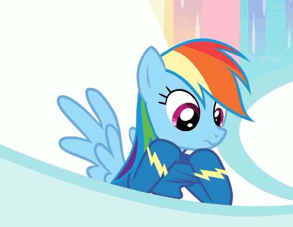 Size: 588x457 | Tagged: safe, screencap, character:rainbow dash, species:pegasus, species:pony, episode:growing up is hard to do, g4, my little pony: friendship is magic, animated, aviator goggles, clothing, cropped, cute, dashabetes, gif, goggles, uniform, wonderbolts uniform