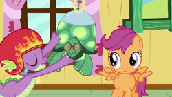 Size: 1280x720 | Tagged: safe, screencap, character:scootaloo, character:spike, character:tank, species:dragon, species:pegasus, species:pony, episode:just for sidekicks, g4, my little pony: friendship is magic, clubhouse, crusaders clubhouse, female, filly, helmet, male, tortoise