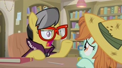 Size: 1920x1080 | Tagged: safe, screencap, character:a.k. yearling, character:peach fuzz, species:pony, episode:daring doubt, g4, my little pony: friendship is magic, bookshelf, clothing, cosplay, costume, female, filly, hat, pith helmet