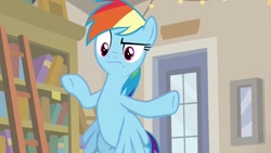 Size: 1920x1080 | Tagged: safe, screencap, character:rainbow dash, species:pegasus, species:pony, episode:daring doubt, g4, my little pony: friendship is magic, bookshelf, female, flapping, flying, frown, glare, ladder, mare, pointing, rainbow dash is not amused, raised eyebrow, solo, unamused, underhoof