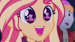 Size: 1280x720 | Tagged: safe, screencap, character:sunset shimmer, equestria girls:sunset's backstage pass, g4, my little pony:equestria girls, backstage pass, close-up, cute, eye reflection, fry lilac, happy, k-lo, logo, reflection, shimmerbetes, smiling, su-z, wide eyes