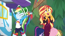 Size: 1280x720 | Tagged: safe, screencap, character:applejack, character:fluttershy, character:rainbow dash, character:sunset shimmer, character:twilight sparkle, character:twilight sparkle (scitwi), species:eqg human, equestria girls:sunset's backstage pass, g4, my little pony:equestria girls, accidental innuendo, accidental spanking, backstage pass, grin, happy, logo, paddle, smiling