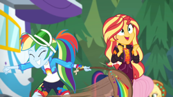 Size: 1280x720 | Tagged: safe, screencap, character:applejack, character:fluttershy, character:rainbow dash, character:sunset shimmer, character:twilight sparkle, character:twilight sparkle (scitwi), species:eqg human, equestria girls:sunset's backstage pass, g4, my little pony:equestria girls, accidental spanking, backstage pass, grin, happy, logo, out of context, paddle, rainbow dash's paddle, smiling