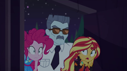 Size: 1920x1080 | Tagged: safe, screencap, character:pinkie pie, character:sunset shimmer, equestria girls:sunset's backstage pass, g4, my little pony:equestria girls, female, male, max steele, necktie, night, outdoors, security guard, shrunken pupils, sunglasses, wide eyes