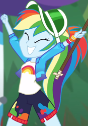 Size: 434x621 | Tagged: safe, screencap, character:rainbow dash, equestria girls:sunset's backstage pass, g4, my little pony:equestria girls, cap, clothing, cropped, cute, dashabetes, eyes closed, grin, hat, jacket, rainbow, raised arms, shirt, shorts, smiling, solo, t-shirt, wristband