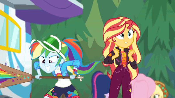 Size: 600x338 | Tagged: safe, screencap, character:applejack, character:fluttershy, character:rainbow dash, character:sunset shimmer, character:twilight sparkle, character:twilight sparkle (scitwi), species:eqg human, equestria girls:sunset's backstage pass, g4, my little pony:equestria girls, accidental innuendo, accidental spanking, animated, backstage pass, grin, happy, logo, near miss, out of context, paddle, smiling