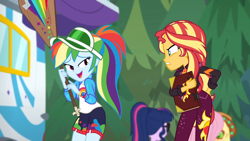 Size: 1280x720 | Tagged: safe, screencap, character:applejack, character:fluttershy, character:rainbow dash, character:sunset shimmer, character:twilight sparkle, character:twilight sparkle (scitwi), species:eqg human, equestria girls:sunset's backstage pass, g4, my little pony:equestria girls, accidental innuendo, accidental spanking, animated, backstage pass, clothing, cute, dashabetes, embarrassed, female, grin, jacket, outdoors, paddle, rainbow dash's paddle, rv, smiling