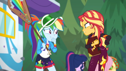 Size: 1280x720 | Tagged: safe, screencap, character:applejack, character:fluttershy, character:rainbow dash, character:sunset shimmer, character:twilight sparkle, character:twilight sparkle (scitwi), species:eqg human, equestria girls:sunset's backstage pass, g4, my little pony:equestria girls, accidental innuendo, accidental spanking, backstage pass, cute, dashabetes, embarrassed, grin, paddle, rainbow dash's paddle, smiling