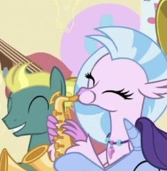 Size: 346x356 | Tagged: safe, screencap, character:silverstream, episode:a horse shoe-in, g4, my little pony: friendship is magic, cropped, eyes closed, friendship student, musical instrument, saxophone