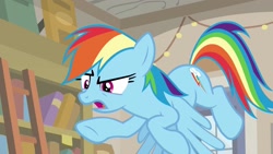 Size: 1920x1080 | Tagged: safe, screencap, character:rainbow dash, species:pony, episode:daring doubt, g4, my little pony: friendship is magic, bookshelf, ladder, solo