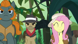 Size: 1920x1080 | Tagged: safe, screencap, character:biff, character:fluttershy, character:rogue, species:pony, episode:daring doubt, g4, my little pony: friendship is magic, clothing, hat, henchmen, saddle bag