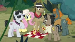 Size: 1920x1080 | Tagged: safe, screencap, character:biff, character:doctor caballeron, character:fluttershy, character:rogue, character:withers, species:pony, episode:daring doubt, g4, my little pony: friendship is magic, clothing, hat, henchmen