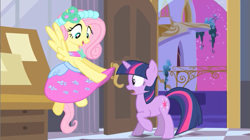 Size: 641x358 | Tagged: safe, screencap, character:fluttershy, character:twilight sparkle, episode:a canterlot wedding, g4, my little pony: friendship is magic, bridesmaid dress, clothing, dress, jaw drop, out of context