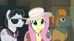 Size: 1920x1080 | Tagged: safe, screencap, character:fluttershy, character:rogue, character:withers, species:pony, episode:daring doubt, g4, my little pony: friendship is magic, clothing, female, hat, henchmen, male, mare, sideburns, stallion, sunglasses, trio