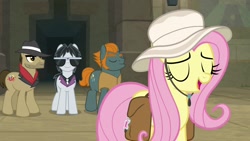 Size: 1920x1080 | Tagged: safe, screencap, character:biff, character:fluttershy, character:rogue, character:withers, species:pony, episode:daring doubt, g4, my little pony: friendship is magic, clothing, hat, henchmen, saddle bag