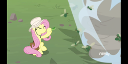 Size: 2160x1080 | Tagged: safe, screencap, character:fluttershy, species:pegasus, species:pony, episode:daring doubt, g4, my little pony: friendship is magic, bamboo flute, blowing, female, flute, fly-der, fly-der web, mare, musical instrument, pun, saddle bag, safari hat, solo, visual gag