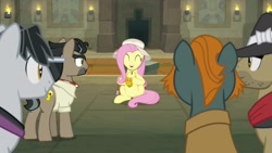 Size: 1920x1080 | Tagged: safe, screencap, character:biff, character:doctor caballeron, character:fluttershy, character:rogue, character:withers, species:pony, episode:daring doubt, g4, my little pony: friendship is magic, clothing, cute, hat, henchmen, shyabetes, truth talisman